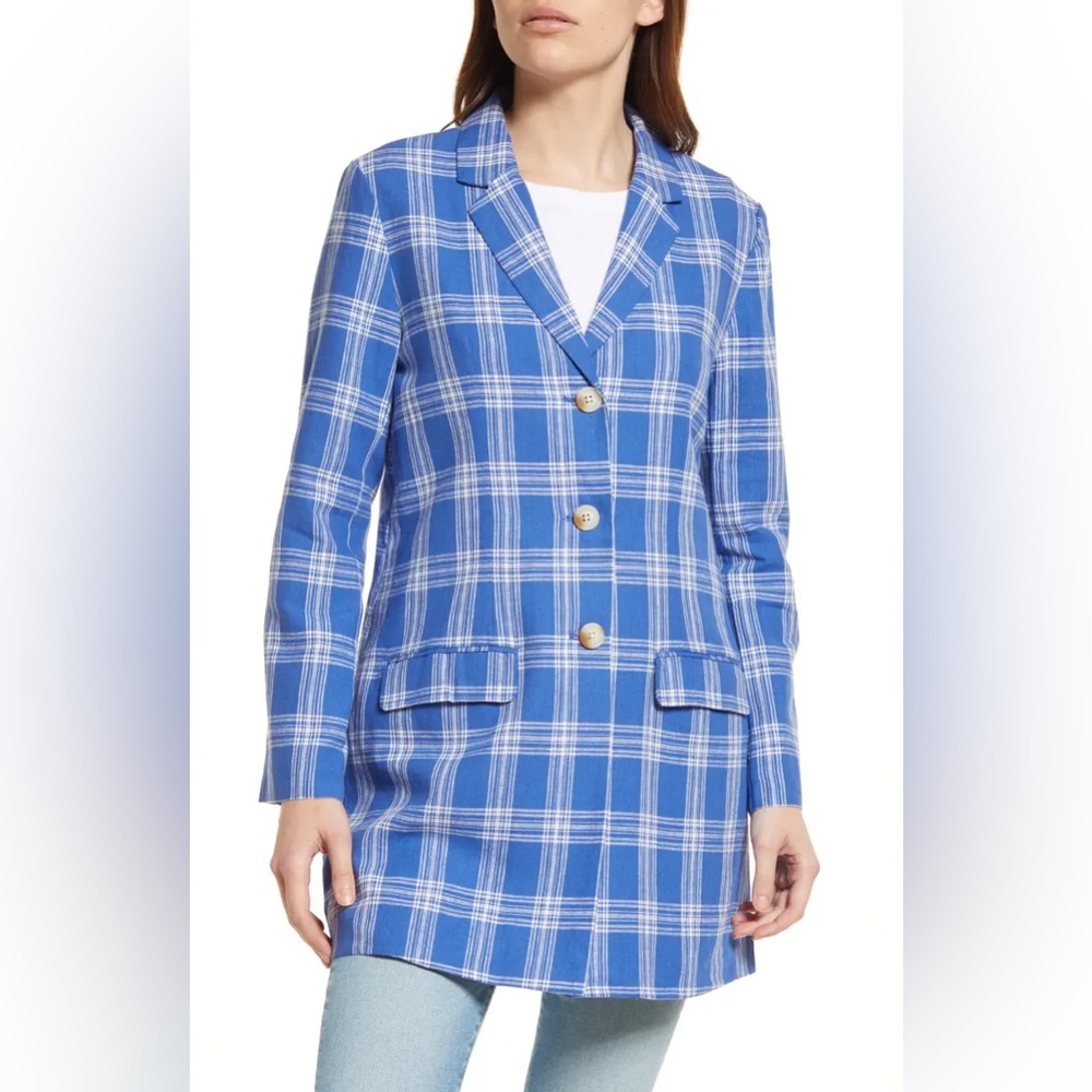 BB Dakota Blue Checkered Blazer Size S 55% Lino 45% Rayón  100% poliéster